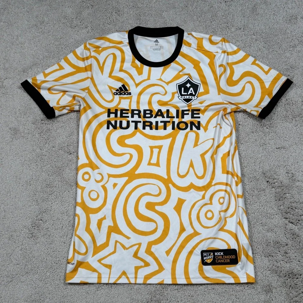 Adidas LA Galaxy Kick Childhood Cancer Soccer Jersey Mens Medium Yellow GJ0785
